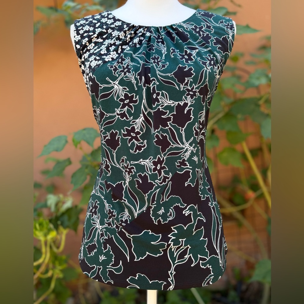 Calvin Klein Black and Forrest Green Floral Sleeveless Top Size L Large
